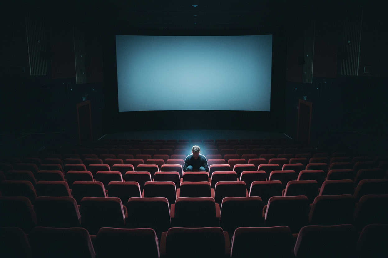 A solitary figure seated in the center of an empty art-house cinema, illuminated only by the glow of the screen, surrounded by darkness, contemplative mood, cinema as ritual, wide shot, symmetrical composition, emotional stillness, cinematic lighting, subtle film grain, 35mm photography look, muted color palette, minimalist, premium art-house cinema aesthetic